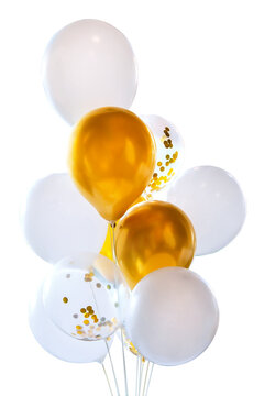 White and golden yellow balloons on a transparent background. Bunch of balloons isolate. Celebration party design with white and yellow balloons.