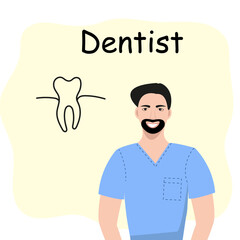 Male dentist with a schematic image of a tooth and the signature "Dentist"