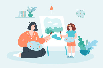 Mother and daughter painting on easel flat vector illustration. Cute parent and kid with paintbrushes drawing together, devoting time to hobby, developing new skills at home. Art, family concept