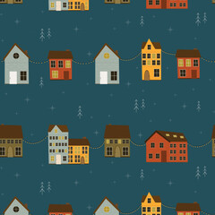 Obraz na płótnie Canvas Winter pattern with colourful scandinavian houses, christmas trees and stars on a dark background