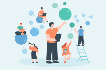Teacher conducting laboratory studies flat vector illustration. Tiny kids looking at atoms and molecules, learning algorithms. Technology, science, intelligence concept