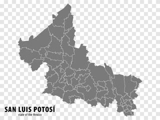 State San Luis Potosi of Mexico map on transparent background. Blank map of  San Luis Potosi with regions in gray for your web site design, logo, app, UI. Mexico. EPS10.