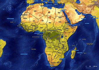 Political Map of Africa with marine areas in french on large and detailed satellite image (Satellite-derived land cover data with Shaded Relief, Water, and Drainages). Source: NaturalEarth. © Ricardo