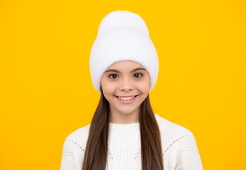 Close-up portrait of girl teen smile happiness face. Portrait of a cute teen child. Studio shot, isolated background.