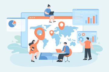 Company people analyzing international map. Businessmen and women using laptop, doing global research together, analyzing statistic and bar charts flat vector illustration. Development concept