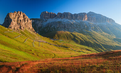 The landscape of the Dolomites seen from the Sella group: one of the most famous and spectacular...