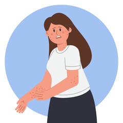 Sad female cartoon character with symptoms of eczema. Woman scratching itching hands or suffering from skin disease flat vector illustration. Allergy, dermatology concept for banner or website design