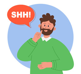 Cartoon business man asking for silence. Speech bubble with word shh, male character making hush gesture flat vector illustration. Secret, mystery, communication concept for banner or landing web page