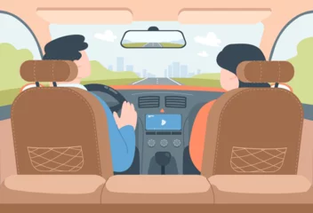 Foto op Canvas Car interior with back view of driver and passenger. Couple inside car, view from backseat of taxi, man driving flat vector illustration. Navigation, traveling, transportation concept for banner © PCH.Vector