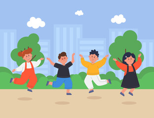 Happy kids jumping on playground flat vector illustration. Group of children having fun together. Girls and boys cartoon characters playing outdoor. Park in background. Nature, childhood concept