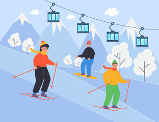 Landscape of ski resort with happy family with kid. Cartoon characters skiing in mountains, ski lift or elevator flat vector illustration. Winter activities, vacation, sports concept for banner