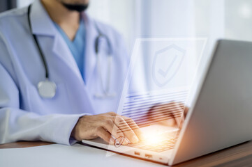 Health insurance, Doctor working in office at hospital and visual screen technology concept life...