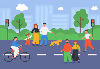 People walking along city street flat vector illustration. Female cyclist riding bicycle or bike, family with kid walking dog, woman running. Park in background. Outdoor activity, town concept