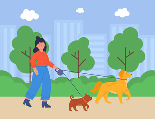 Happy cartoon woman on walking two cute dogs in park. Young owner on walk with domestic animals flat vector illustration. Pets, healthy lifestyle concept for banner, website design or landing web page