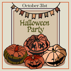 Halloween party invitation, the banner of separate scary, spooky pumpkins, festive garlands and flags