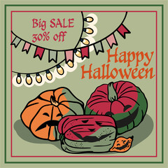 Holiday sale banner for Halloween of separate scary pumpkins, holiday garlands and flags with the signature 