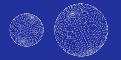 3D wireframe globe or sphere on blue background, visualization of geography or navigation concept with latitude and longitude coordinates