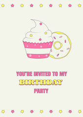 Birthday Party Invitation Greeting Card with Cupcake and Donut