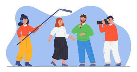 Cartoon woman giving interview for news reportage. Journalist character with microphone, operator shooting conversation for video report flat vector illustration. Media, journalism concept for banner
