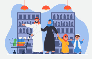 Happy Arab family in supermarket together. Arabic cartoon characters in traditional clothing buying product flat vector illustration. Family, shopping concept for banner or landing web page