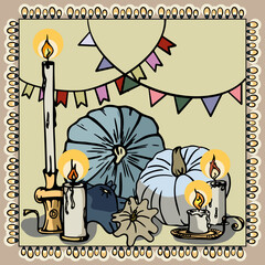 Festive composition of separate elements of pumpkins, candles and flags in a frame of lights