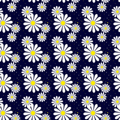 Daisy seamless pattern on dark blue background. Floral ditsy print with small white flowers. Chamomile design great for fashion fabric, trend textile and wallpaper. Vector