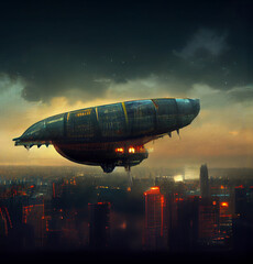 airship fly over the city. dirigibleat at dusk. cyberpunk style artwork.