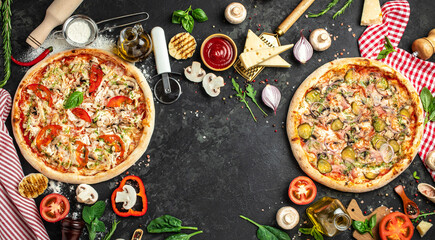 Set Pizza background. various kinds of Italian pizza, Fast food lunch, top view