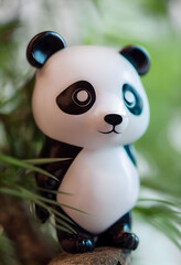 Illustrative drawing of a small fictional panda made of plastic and vinyl. Blurred background. 3D render. Digital art. © MARCELO