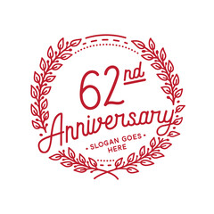 62 years anniversary design template. 62nd anniversary celebration hand drawn logotype. Vector illustration.