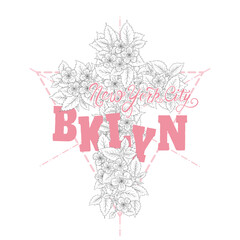 New York City, NYC, Brooklyn, floral cross. Vector illustration for print on t-shirt and other uses