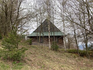 Mountain modern house. Old cabin log house in the mountain. Shelter on the hiking path. Wooden house in the forest in mountains. Old wood and stone house with the trees. Summer hiking day.