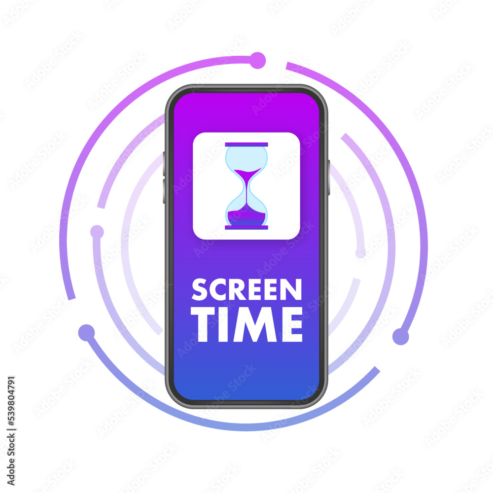 Poster Screen time. Time control on smartphone. Vector stock illustration.