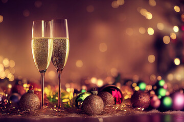 Two glasses of champagne on a table with christmas decoration and bokeh lights on the background