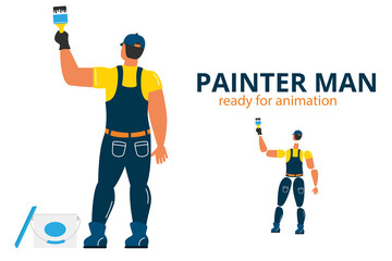 Character of painter man. Back view of workman in uniform holding brush. Home renovation, house redesign service. Handyman worker character ready for animation. Painter specialist vector illustration