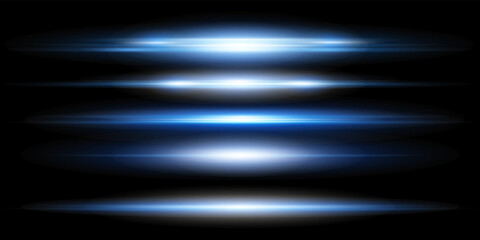 Blue horizontal lens flares pack. Laser beams, horizontal light rays.Beautiful light flares. Glowing streaks on dark background. Luminous abstract sparkling lined background.