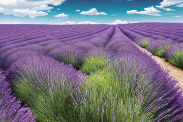Fototapeta na wymiar Lavender field, beautiful view, white-maned clouds, fantastic landscape