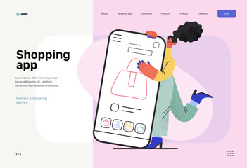 Shopping application - Online shopping and electronic commerce web template - modern flat vector illustration of a woman with her mobile phone. Promotion, discounts, sale and online orders concept