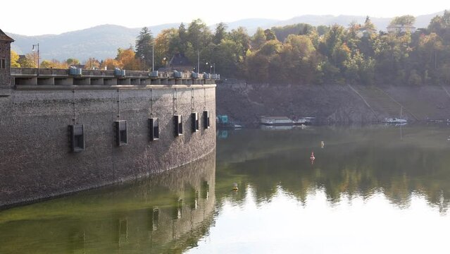 the german edersee lake dam building with very low water 4k 30fps video