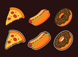 Collection of fast foods. Set of junk foods. Pepperoni pizza, hot dog, and chocolate donut. Set of unhealthy menus concept. Cute cartoon meal icon. Flat vector sticker. Graphic design illustration.