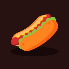 Hot dog with sausage, mustard sauce, lettuce, and bun. Delicious fast food concept. Junk food or unhealthy menu. American dish. Cartoon meal icon. Flat vector graphic design isolated illustration. 