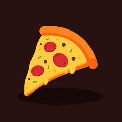 Pepperoni or salami pizza slice with melted cheese. Fast food concept. Junk food or unhealthy menu. Cute cartoon meal icon. Italian cuisine dish. Flat vector graphic design isolated illustration. 