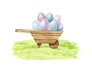 Vintage style wooden barrow with pile of eggs on the green grass. Watercolor hand drawn illustration. Easter traditional decor element. Wooden barrow with painted eggs decoration