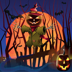 Halloween scarecrow from a pumpkin behind a fence in the forest against the backdrop of the moon.