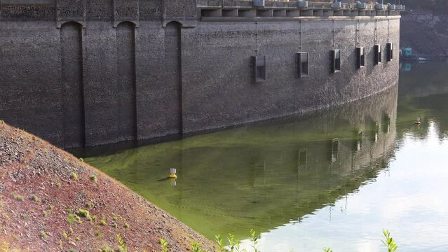 the german edersee lake dam building with very low water 4k 30fps video