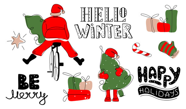 Set of Merry Christmas elements, quote lettering HELLO WINTER, BE MERRY, HAPPY HOLIDAYS, Santa Claus, Santa on bicycle, gifts, candys and mitten. The vector  xmas postcard for Happy New Year