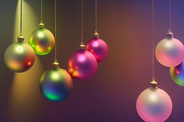 Beautiful Christmas composition with shiny baubles and mini Christmas trees in transparent balls on the snow, bokeh lights background