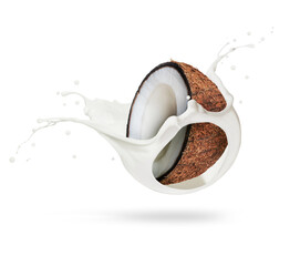 Half of a coconut in milk splashes on a white background