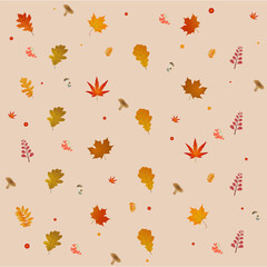 Fototapeta na wymiar Print autumn set of leaves, berries and mushrooms pattern