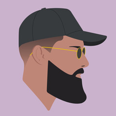 Silhouette. Face. Guy with glasses. Male head in glasses on pink background. Man head silhouette. Man Flat colored illustration. Bearded man. Stylish guy. The head of a guy in a baseball cap.